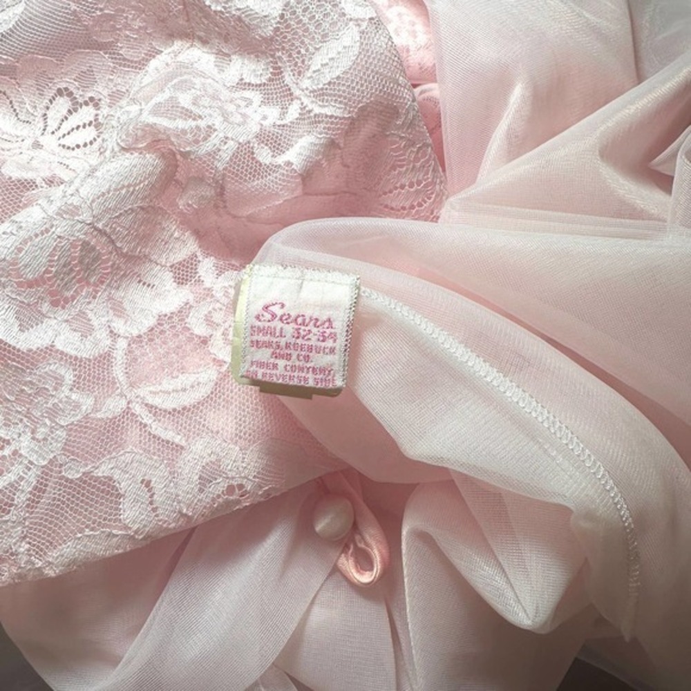 60s Pink Chiffon Peignoir M NWT Angelic Coquette Dollette Retro Glam Duster Gaze - Picture 8 of 8